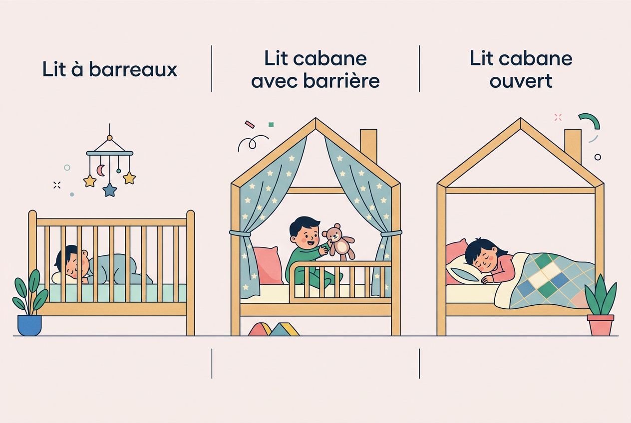 Lit cabane montessori avec barrière : enfant assis sur le lit entouré de rideaux, jouet teddy et ambiance douce.