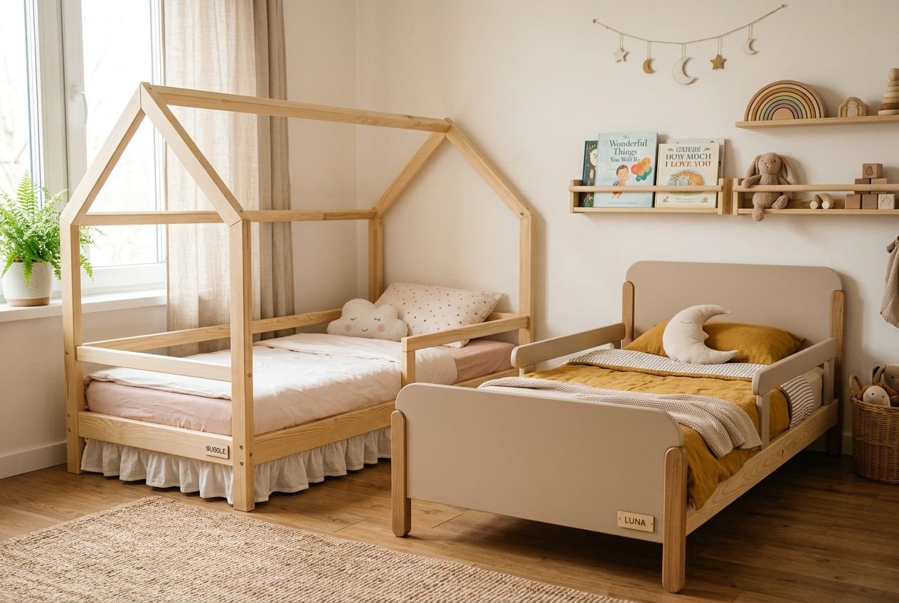 Lit cabane Montessori enfant et lit adulte en bois naturel, ambiance cocooning avec décor Montessori et espaces de rangement.