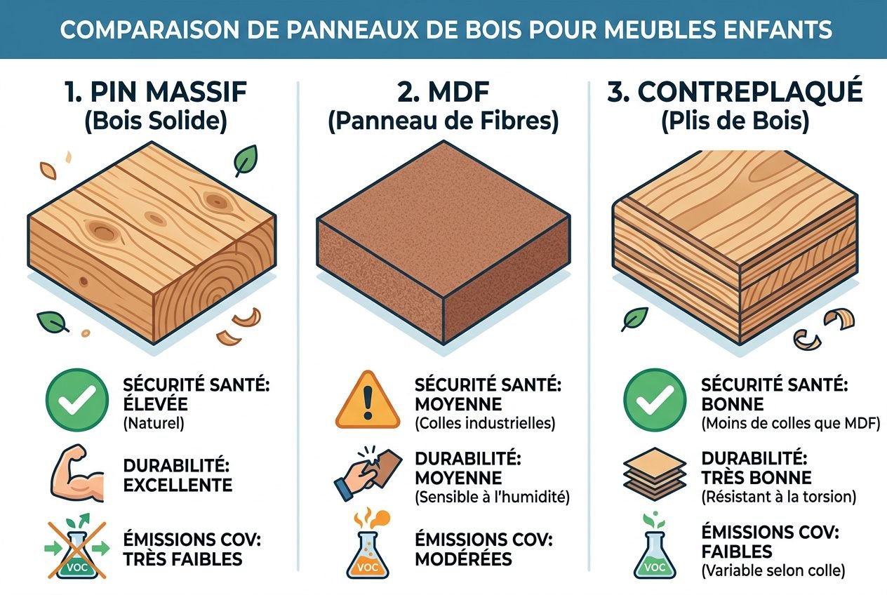 Lit cabane montessori evolutif: image pédagogique montrant trois types de panneaux bois pour meubles enfants, incluant tests sécurité et durabilité