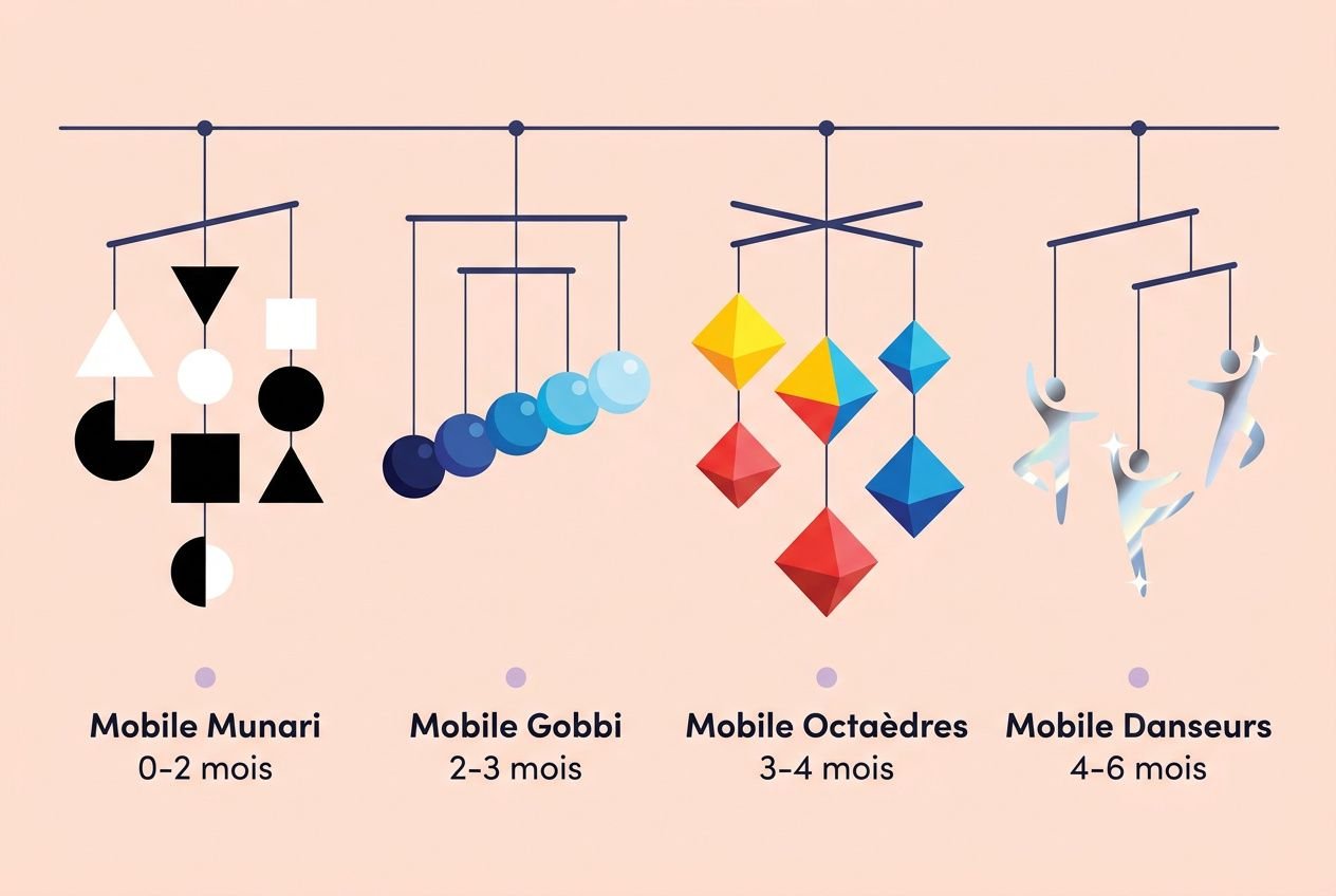 Mobile Montessori : mobiles et formes adaptées pour éveil des bébés 0-6 mois, 0-3 mois, 3-4 mois et 4-6 mois—activités montessori 0 3 a intégrées naturellement.