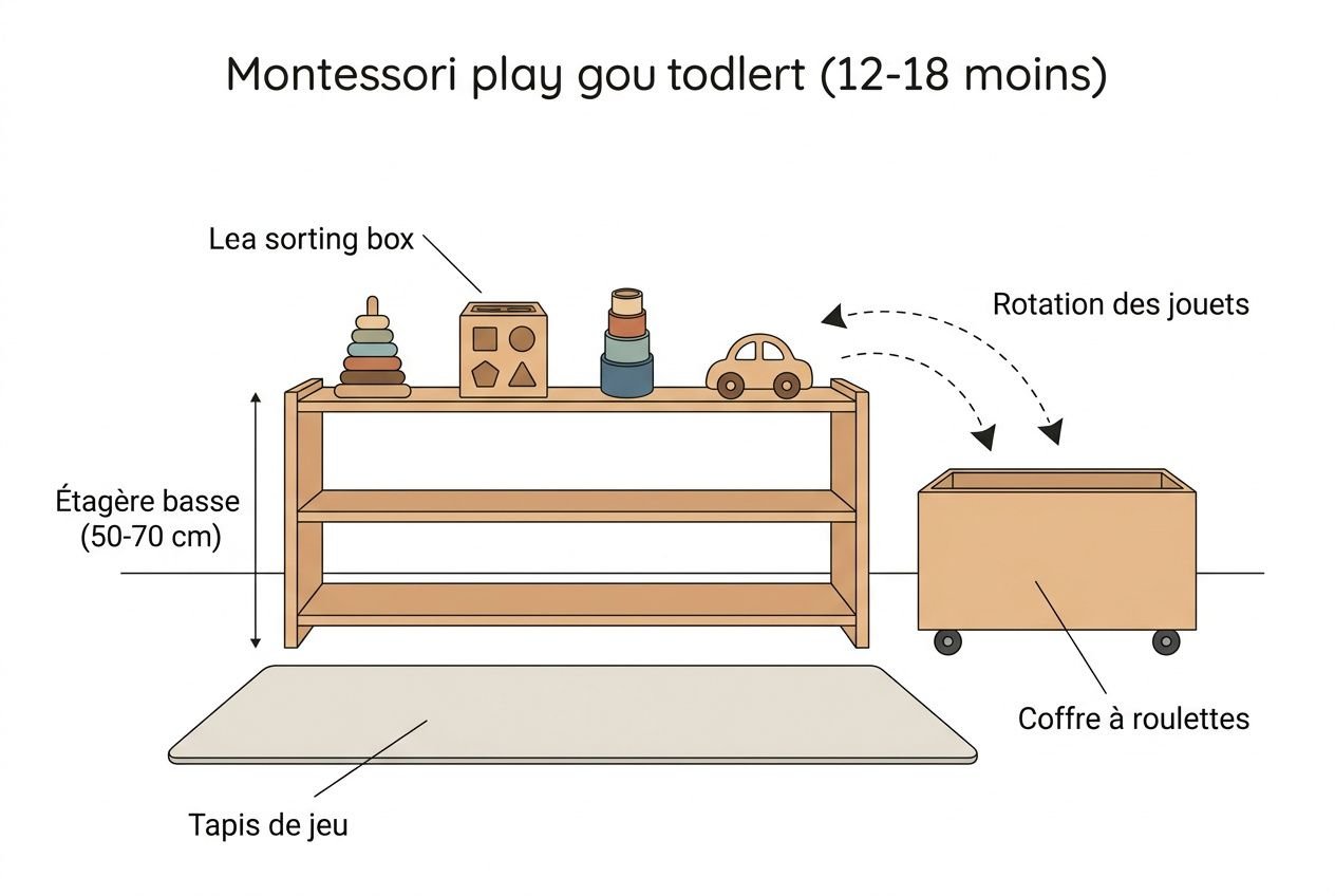 Montessori jeux 12-18 mois: étagère basse avec jouets en bois (anneaux, cube, voiture), camion coffre à roulettes et tapis de jeu.