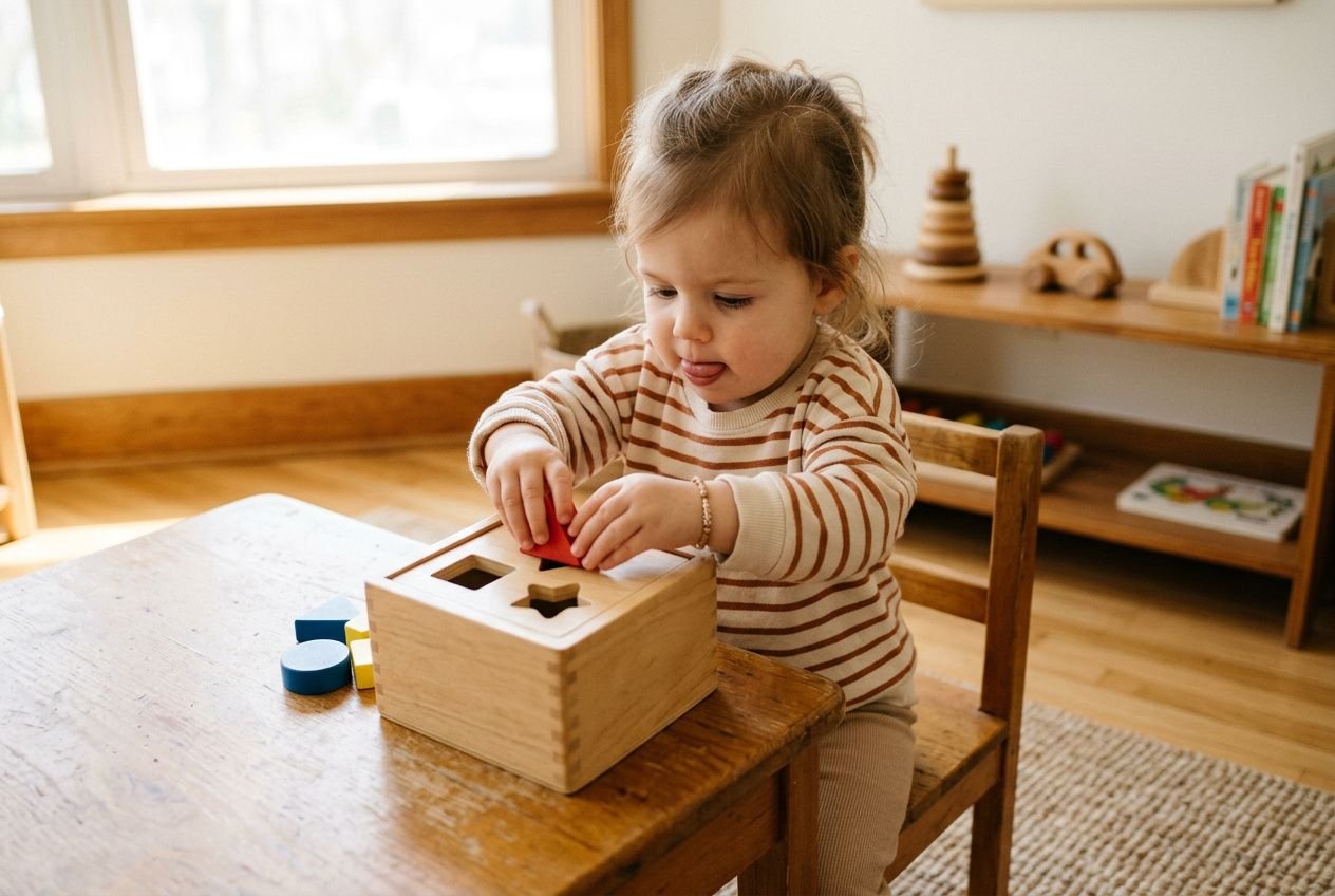 Petite fille assemble des formes dans une boîte sensorielle en bois, activité Montessori 0-3 ans pour éveil et créativité.
