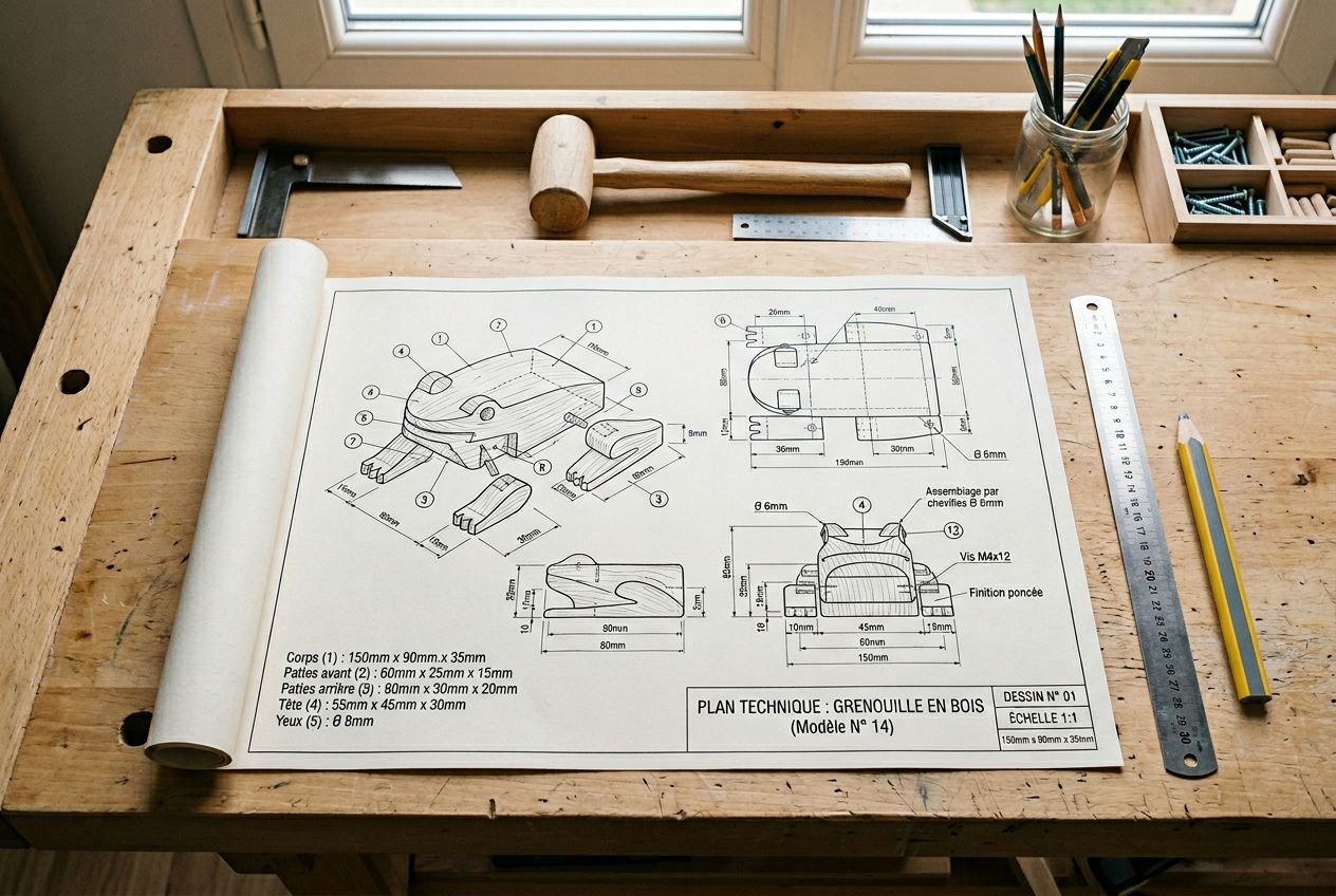 Plan technique détaillé pour fabriquer un jouet en bois, avec outils sur le plan de travail. jeu en bois plan intégré.