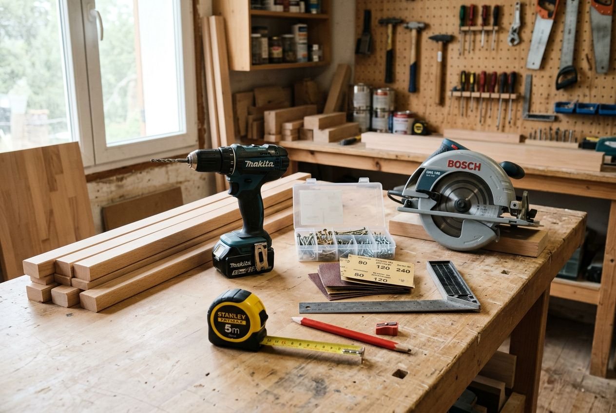 Plan de travail avec outils et bois prêt à fabriquer un meuble montessori fait maison, établissant l’espace de travail DIY.