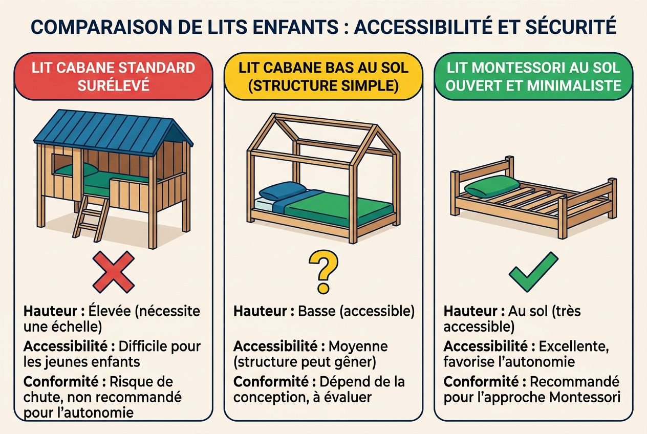 Pourquoi lit cabane n’est pas Montessori: comparaison des lits enfants—cabane surélevé, bas au sol et lit Montessori au sol.