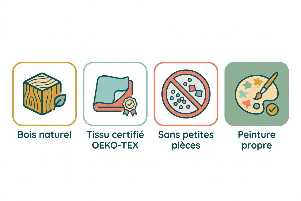 Quartet d’illustrations montrant des critères pour jeux montessori: bois naturel, tissu certifié OEKO-TEX, sans petites pièces, peinture propre.