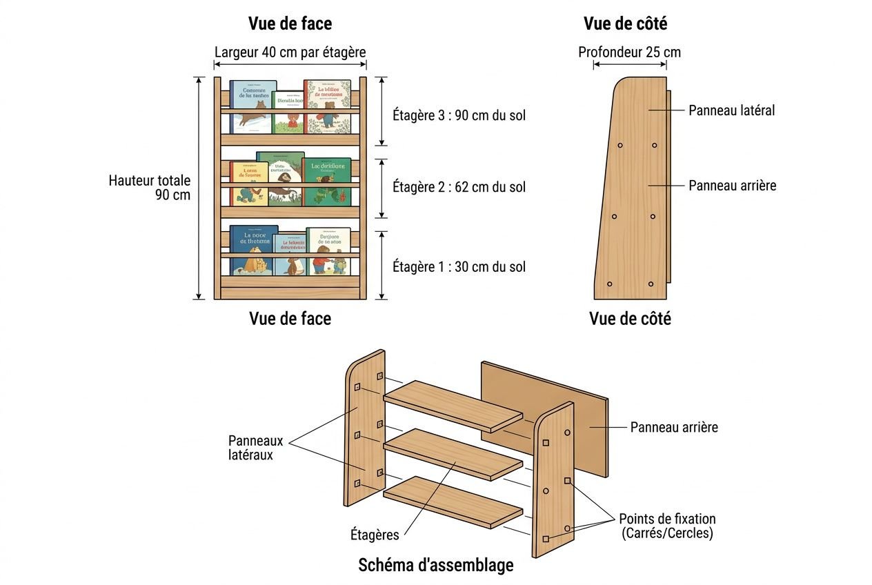 Schéma d’un meuble éducatif Montessori DIY: vue de face et de côté avec étagères et dimensions, et schéma d’assemblage montrant les panneaux latéraux, étagères et points de fixation.