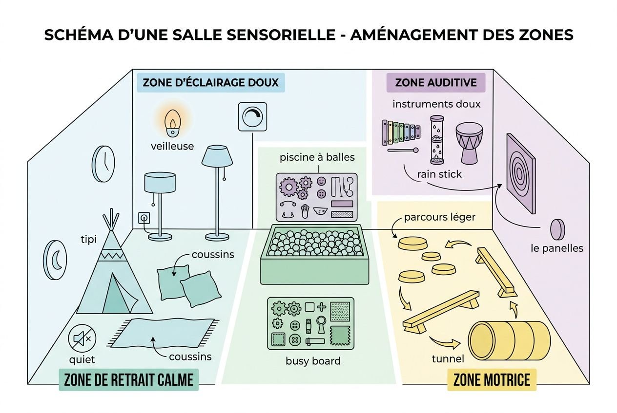 Schéma d’une salle sensorielle aménagée pour “jeu sensoriel autisme”, montrant zones calmes, auditive, motrice et tactile avec matériel varié.