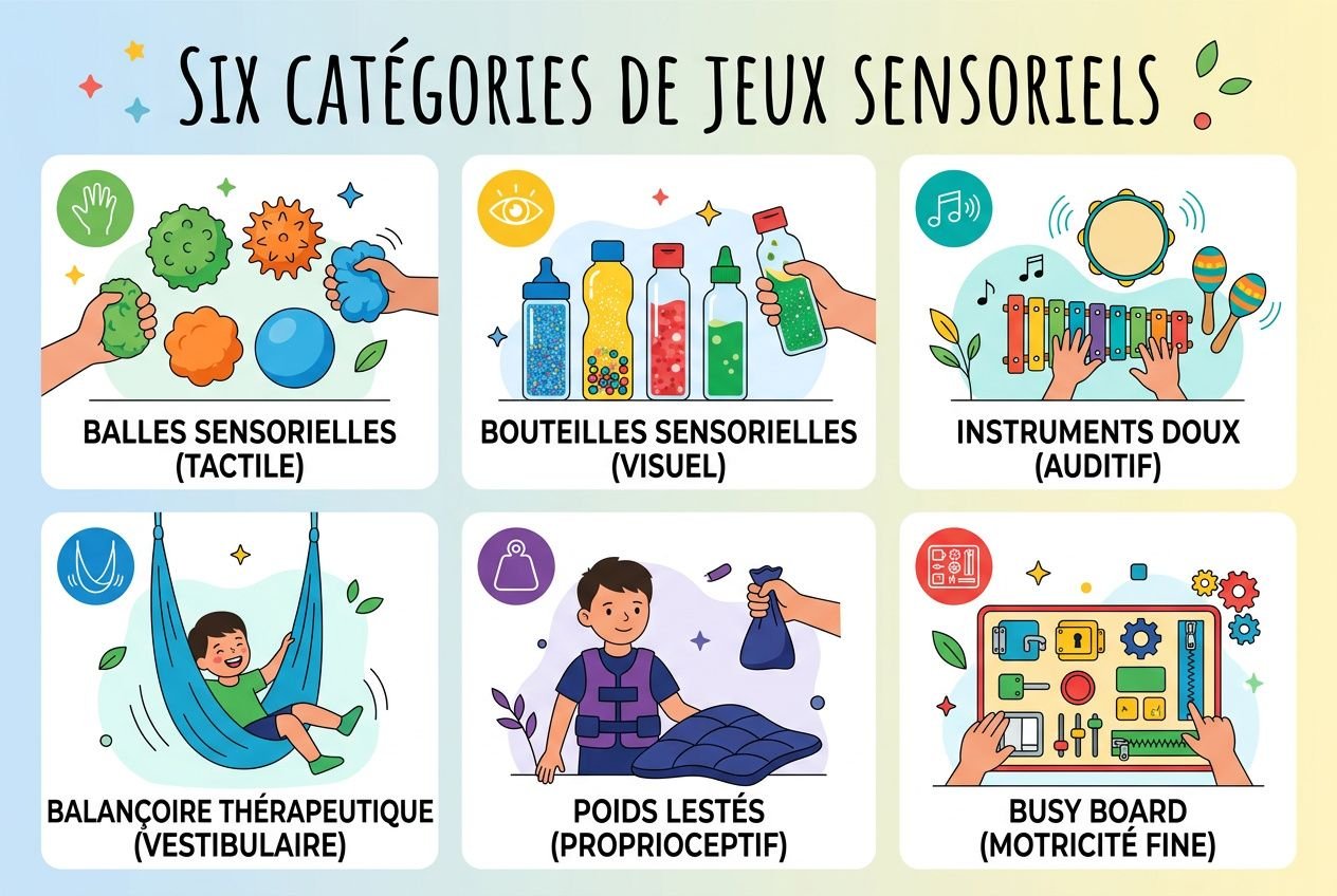 Six catégories de jeux sensorielles pour enfants autistes: balles sensorielles, bouteilles sensorielles, instruments doux, balançoire thérapeutique, poids lestés, busy board.