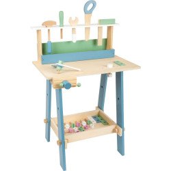 Table d’activités Montessori DIY en bois avec outils et bac de rangement, idéal pour fabriquer des jeux montessori diy à la maison.