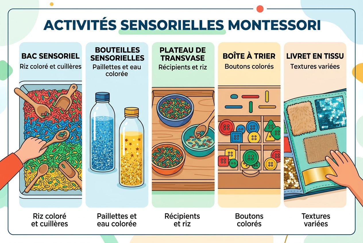 Tableau d’activités sensorielles Montessori montrant des matériaux DIY: bac sensoriel, bouteilles sensorielle, plateau transvasage, boîte à voyager, livret en tissu.